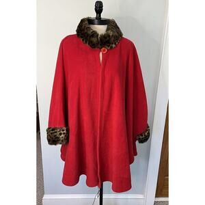VTG Parkhurst Fleece Red Cape Faux Fur Animal Print Trim O/S Glamour Old Money